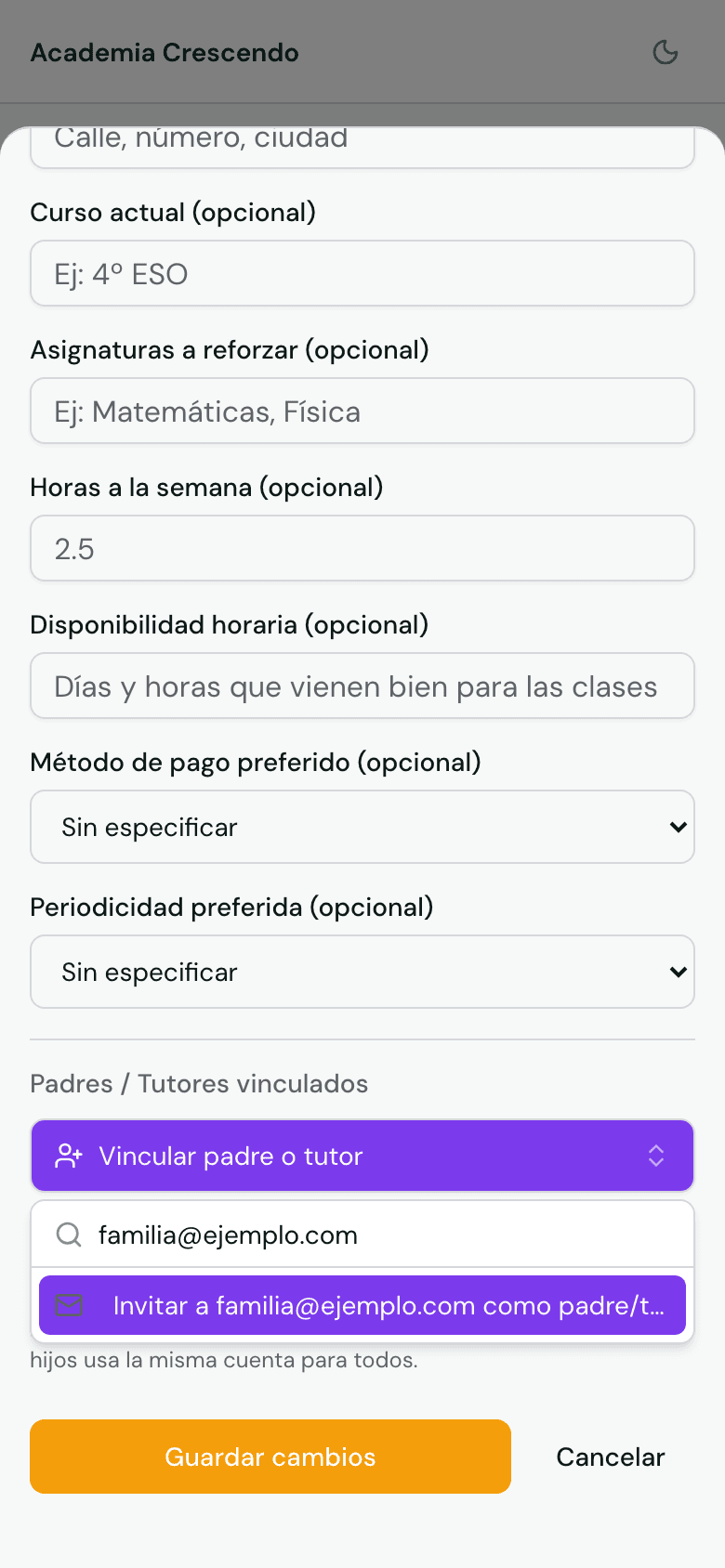 Vincular padre o tutor desde la ficha del alumno