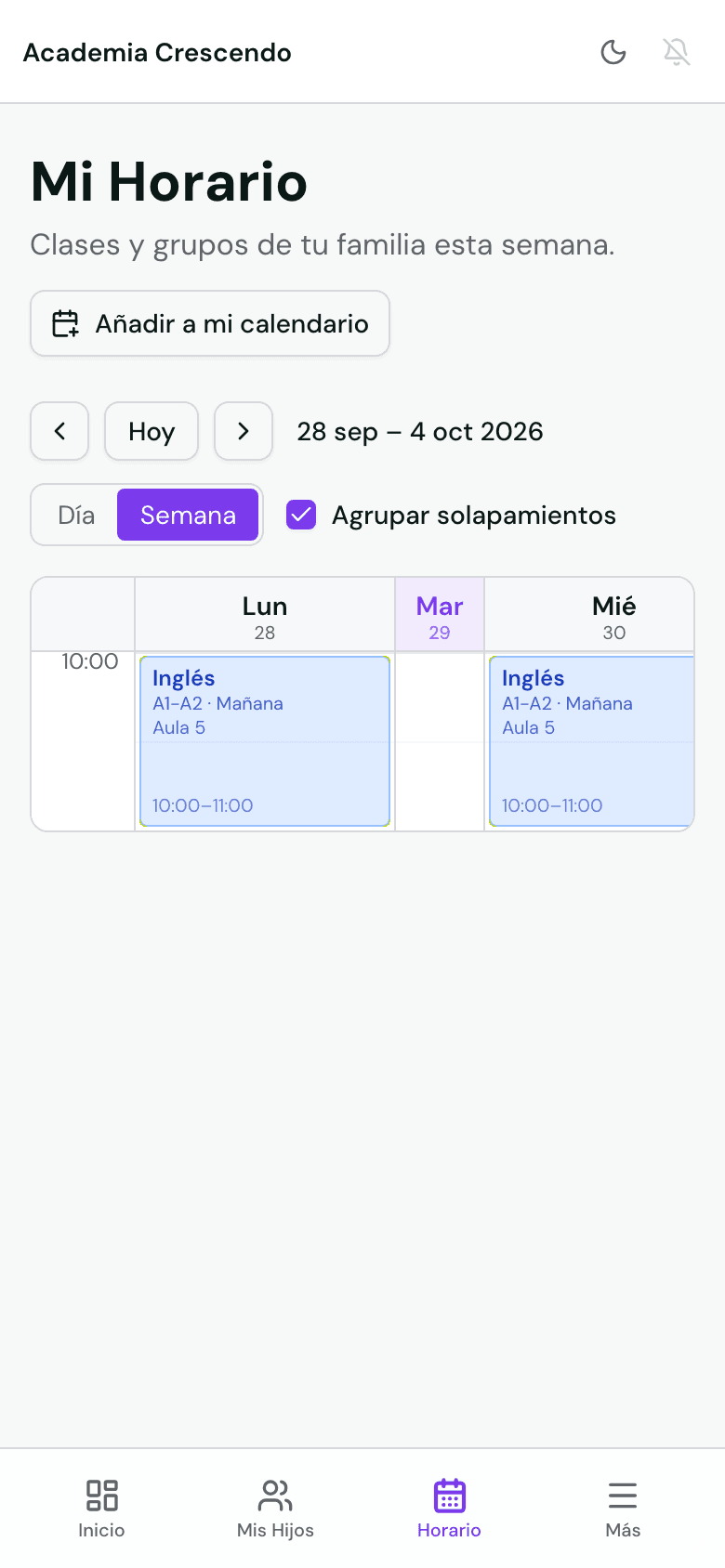 Horario semanal en el portal de familias