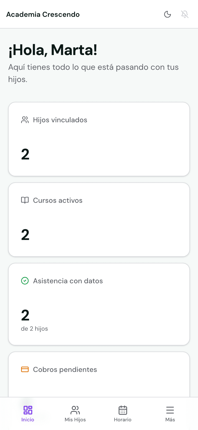 Pantalla de inicio del portal de familias