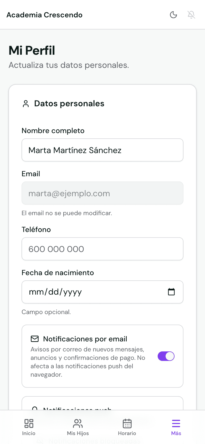 Perfil y avisos en el portal de familias